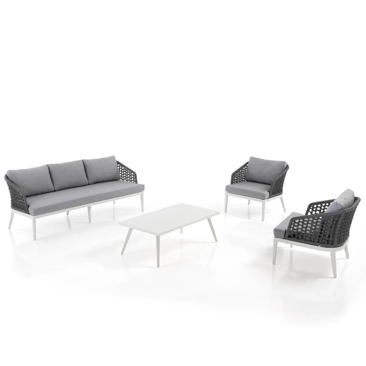 Afteli salotto interno e esterno in alluminio bianco opaco con cuscini tessuto sintetico grigio chiaro