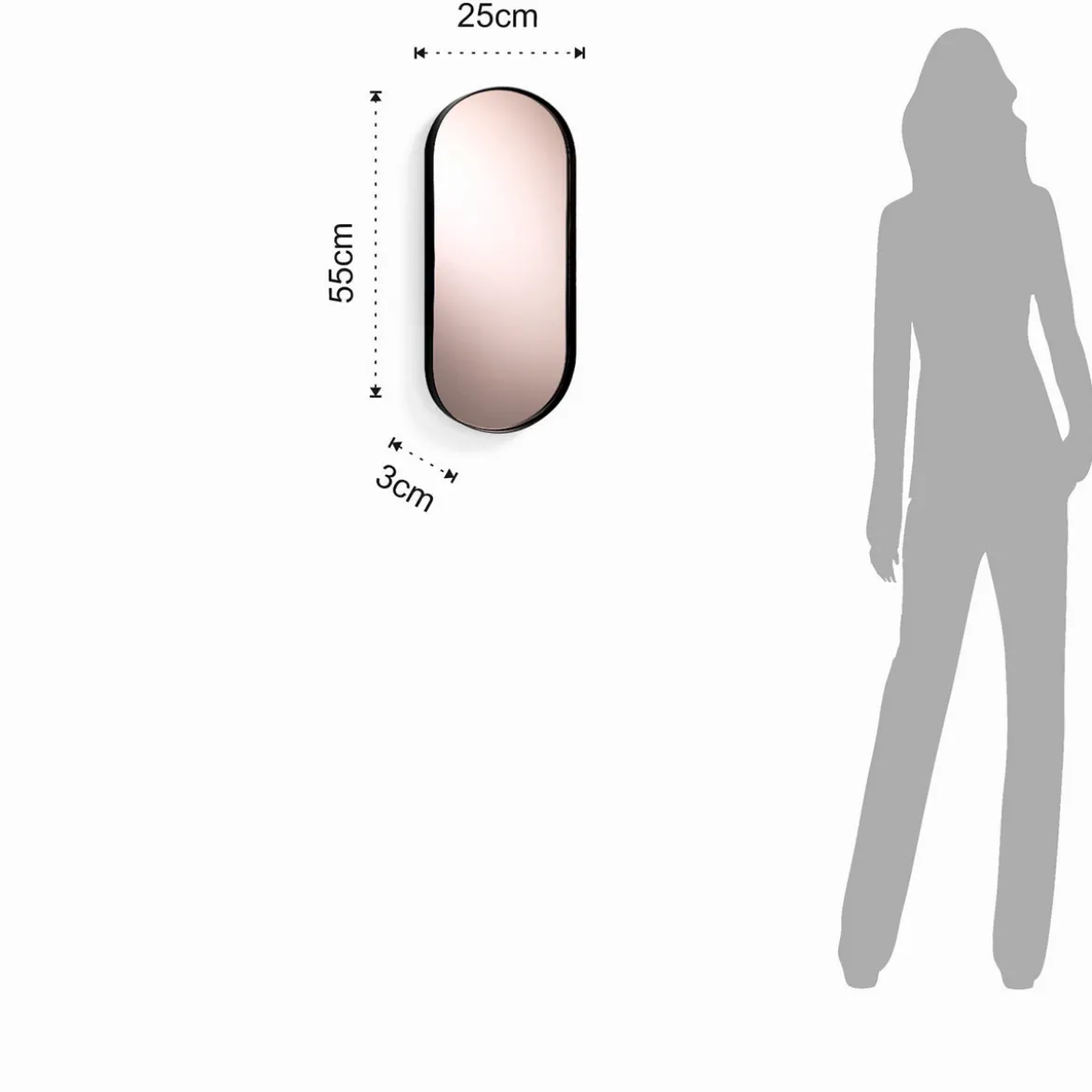 Afterlight oval specchio da parete in acciaio nero opaco specchio di colore rose gold 25x3 h55 cm