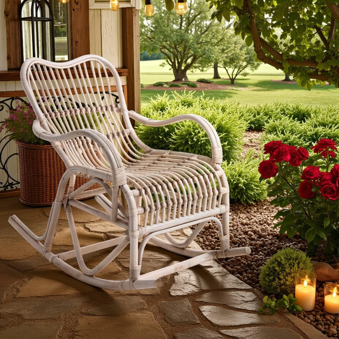 Alpa sedia a dondolo in rattan sbiancato per interno/esterno 100x85xh85 cm