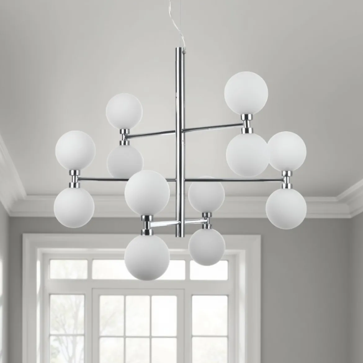 Alycia b lampadario in metallo cromato sfere in vetro bianco opaco con cavo regolabile d75 h56 cm