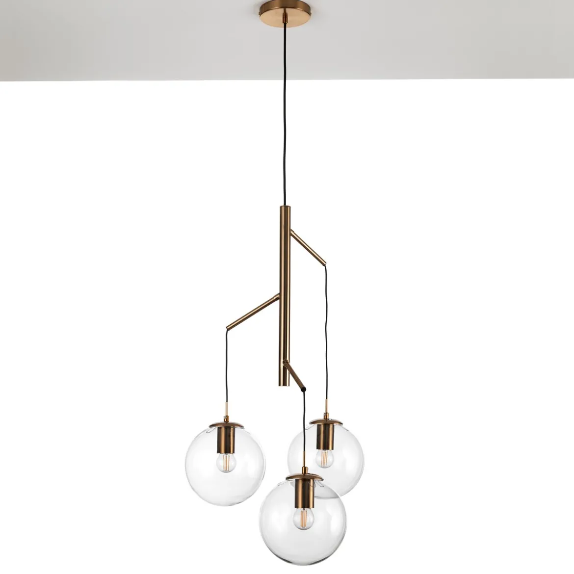 Alycia e lampadario in acciaio oro opaco e 3 sfere in vetro trasparente 115x10xh95-132 cm
