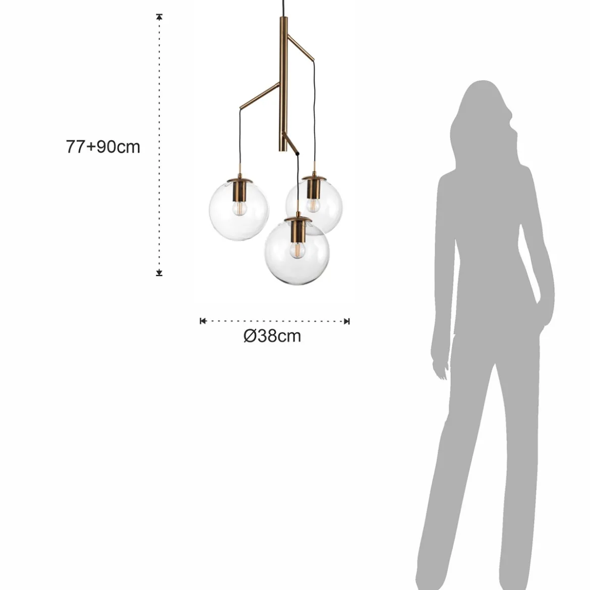 Alycia e lampadario in acciaio oro opaco e 3 sfere in vetro trasparente 115x10xh95-132 cm