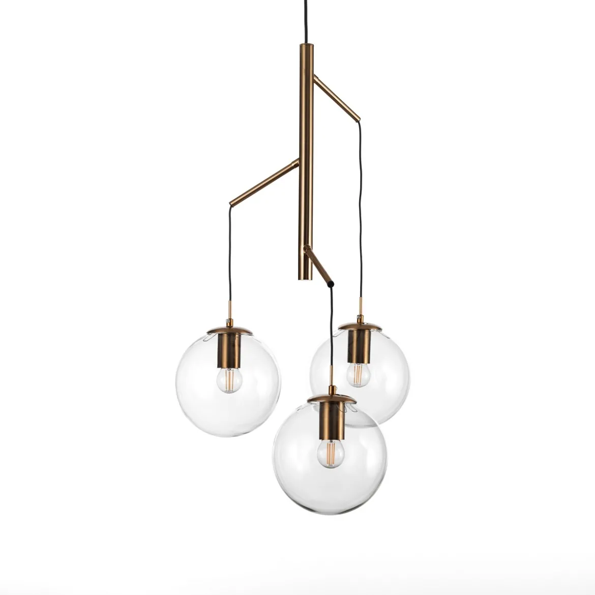 Alycia e lampadario in acciaio oro opaco e 3 sfere in vetro trasparente 115x10xh95-132 cm