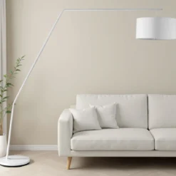 Arko lampada da terra in metallo bianco opaco con paralume in tessuto bianco 220x40 h210 cm