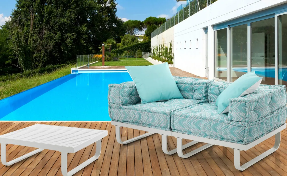 Aron outdoor divano 2 posti basamento alluminio tessuto waterproof cm. l.156 p.78 h.66