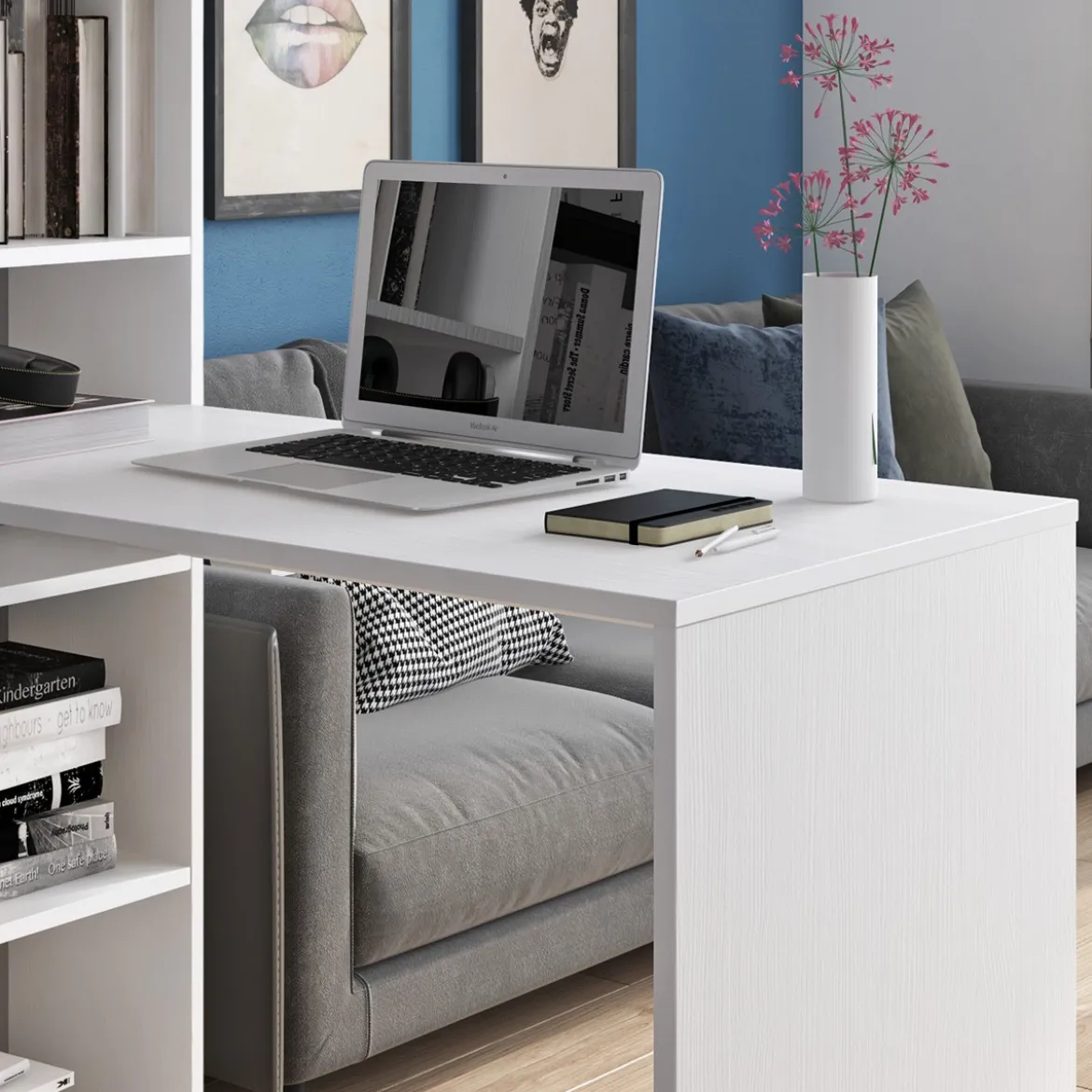 Art Libreria Scrivania Bianca finitura Larice, 119x 535 x h 141 cm