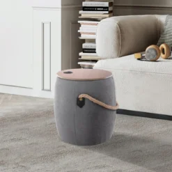 Barril grey pouf contenitore in tessuto grigio e legno finitura rovere d40xh45 cm