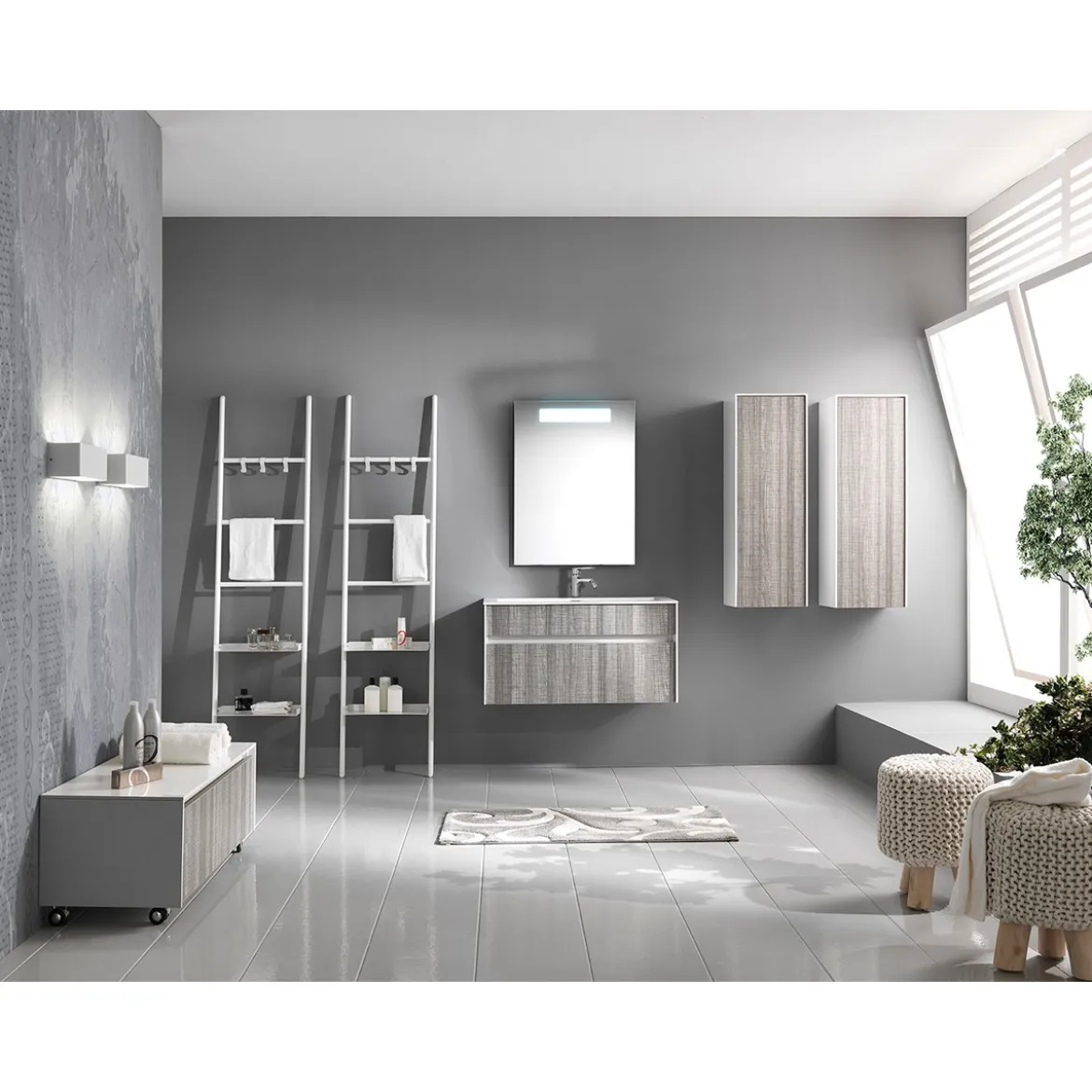 Base con ruote in legno finitura cenere e bianco lucido con guide ammortizzate