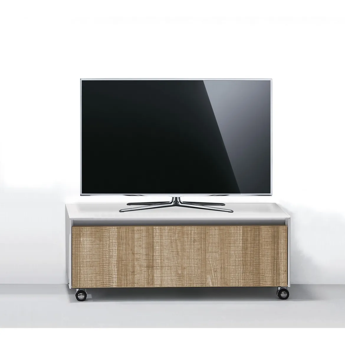 Base c/ruote rovere tranche' e laccata bianco lucido 100x42xh32 cm