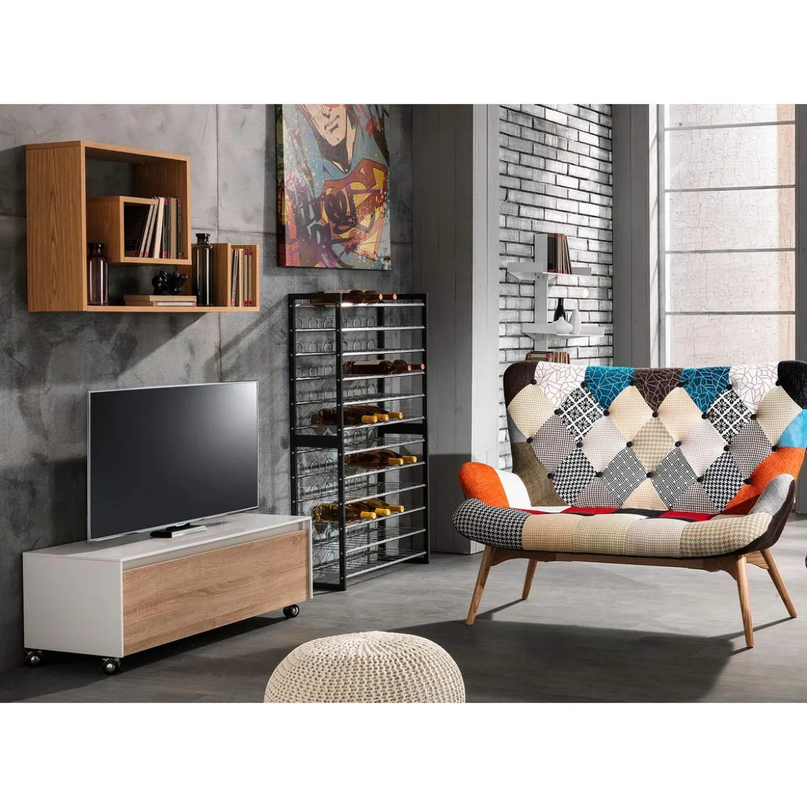 Base c/ruote rovere tranche' e laccata bianco lucido 100x42xh32 cm