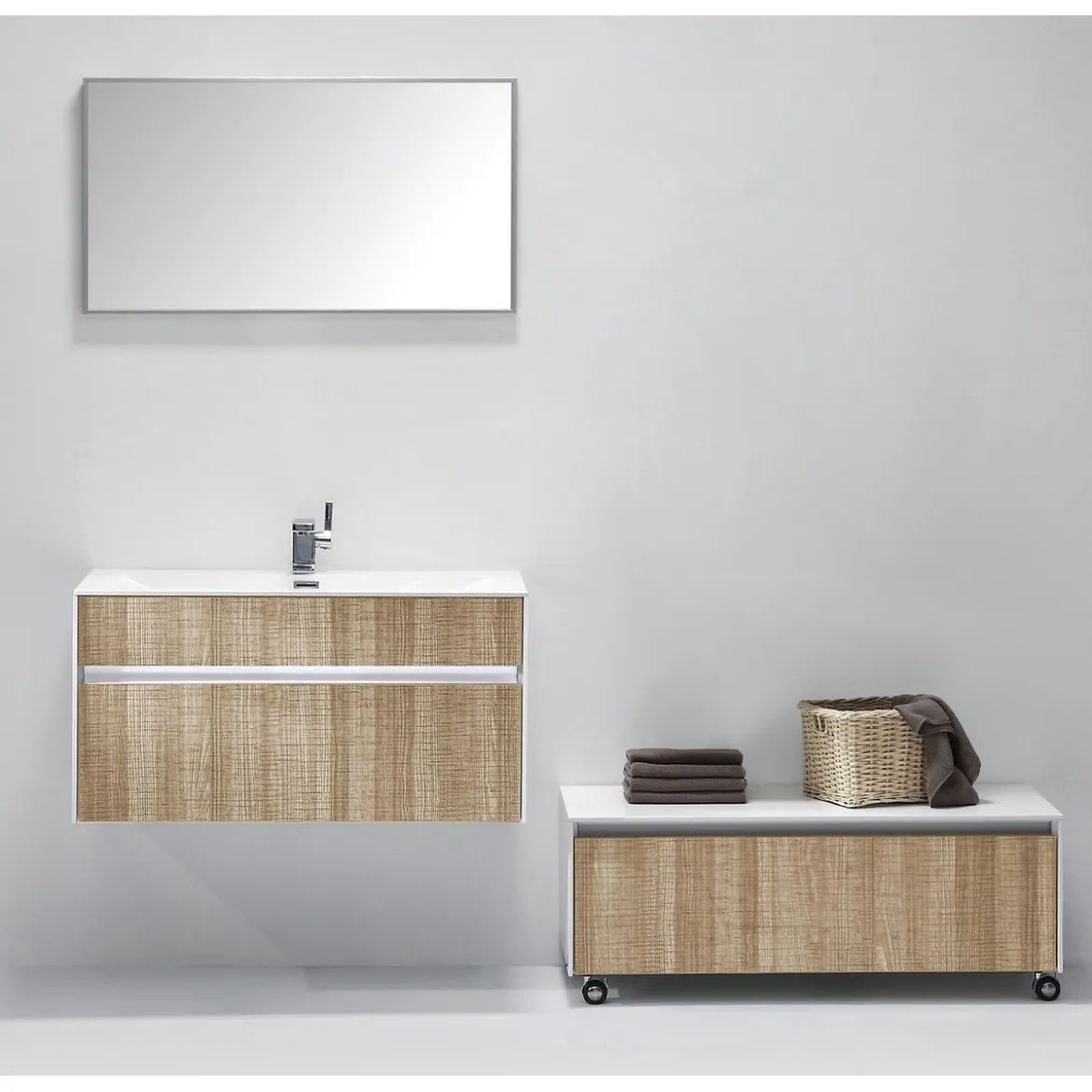 Base sospesa rovere tranchè con lavello e cestone 90x48xh45 cm