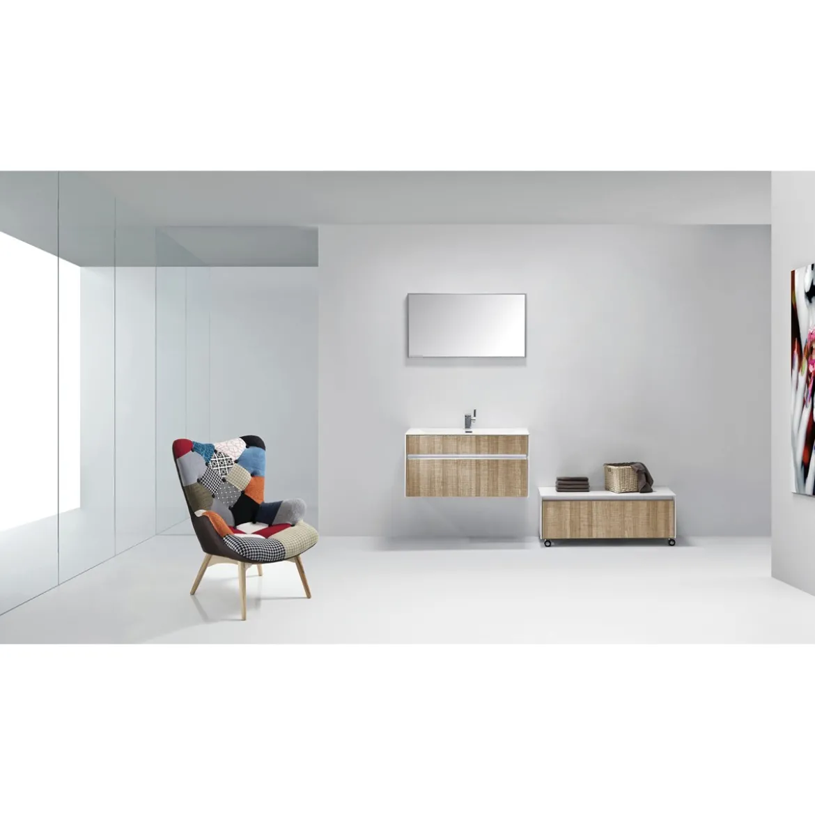 Base sospesa rovere tranchè con lavello e cestone 90x48xh45 cm