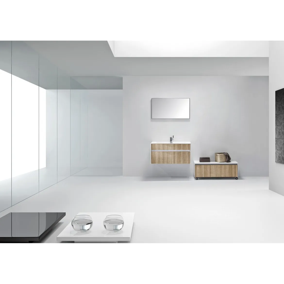 Base sospesa rovere tranchè con lavello e cestone 90x48xh45 cm