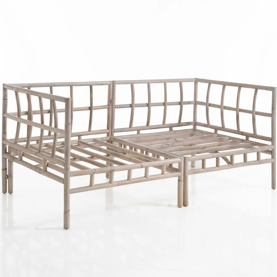 Blue isy divano 2 posti basamenti in rattan sbiancato rivestimento cotone patchwork blu cm. l160 p80 h70