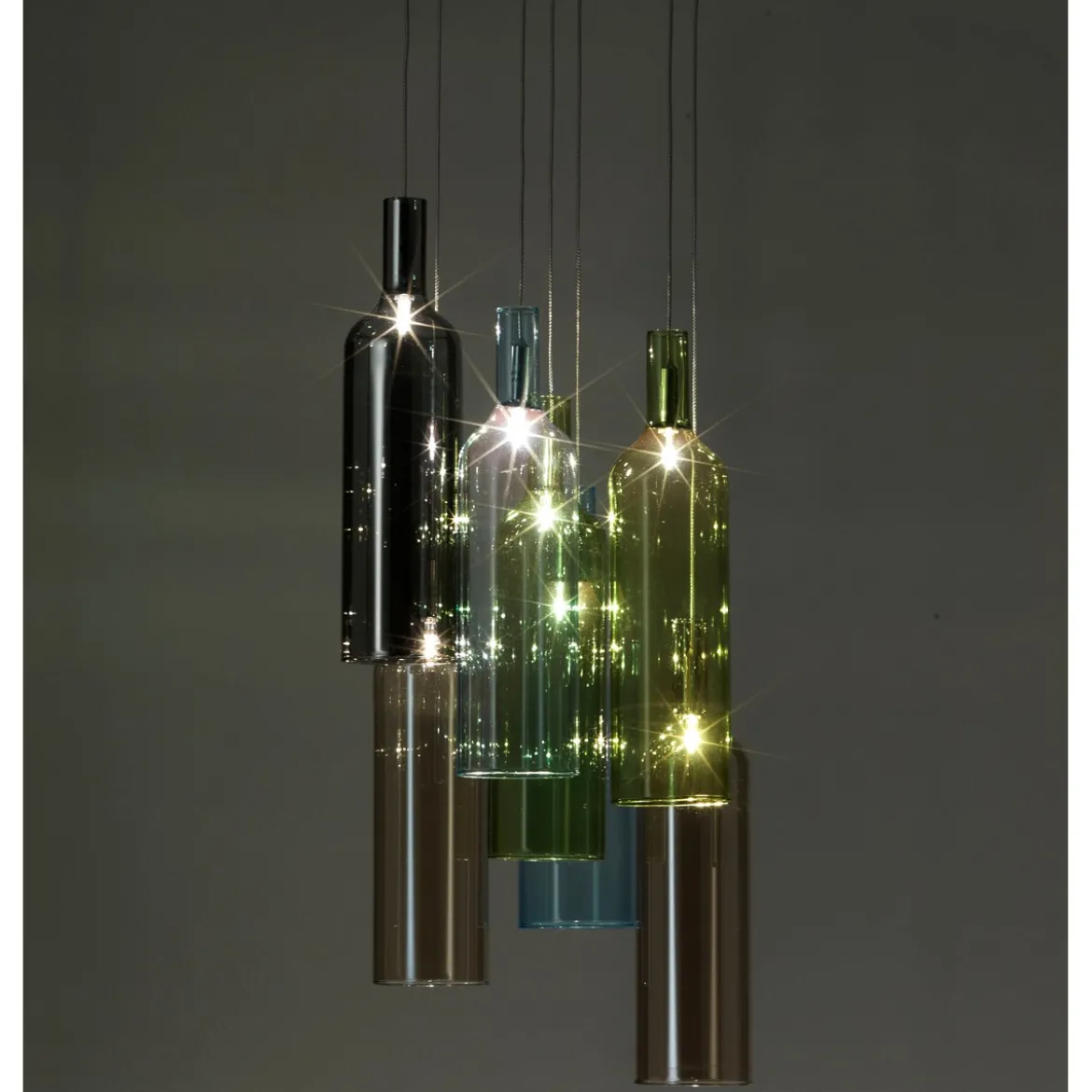 Bottles lampadario 7 luci in vetro colorato filo regolabile d8 h32 cm