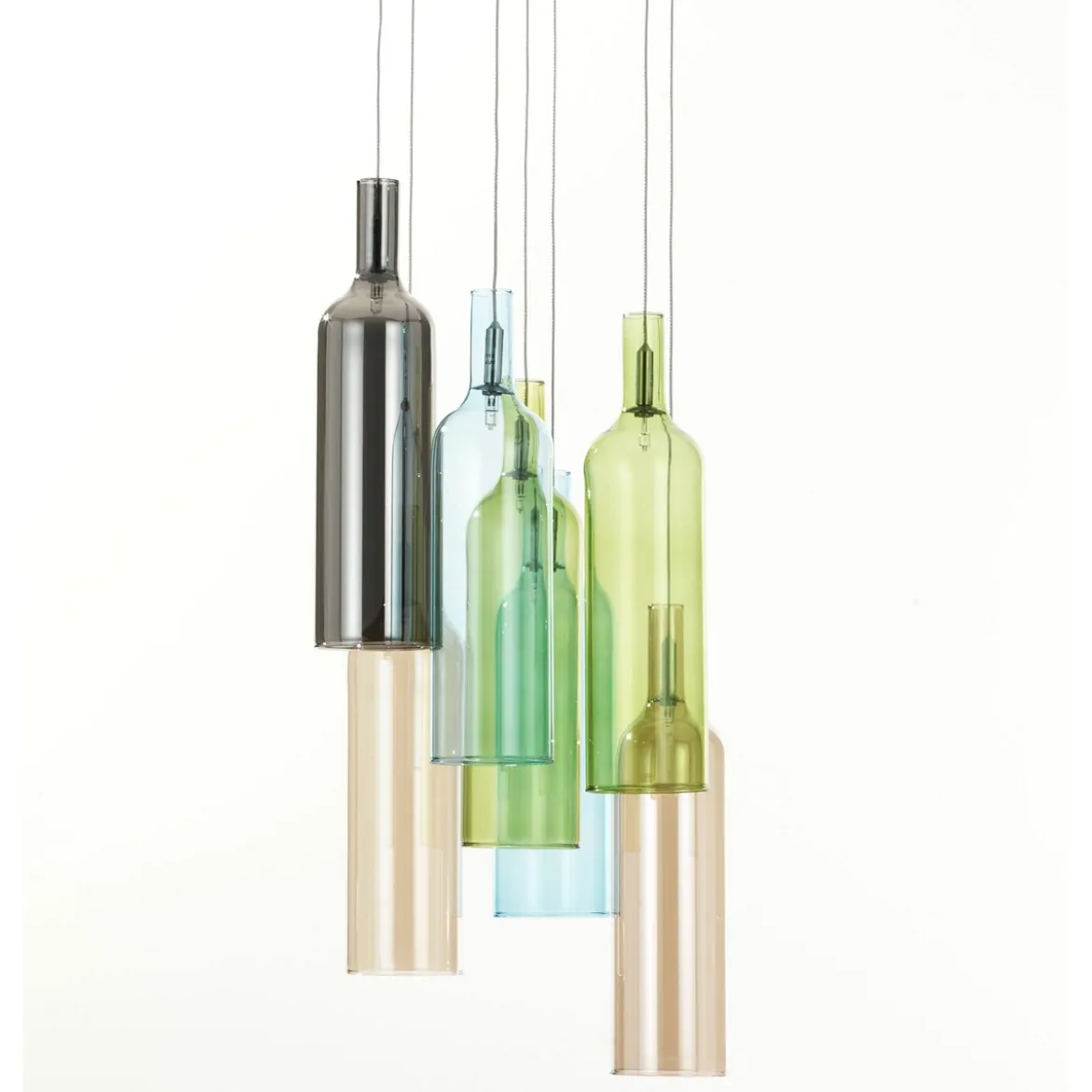 Bottles lampadario 7 luci in vetro colorato filo regolabile d8 h32 cm