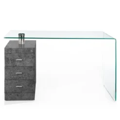 Bow Cement Scrivania in Vetro Curvato Cassettiera con serratura finitura Cemento, 125 x 65 x h 75 cm