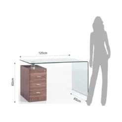 Bow Dark Wood Scrivania in Vetro Curvato Cassettiera con serratura finitura Noce, 125 x 65 x h 75 cm