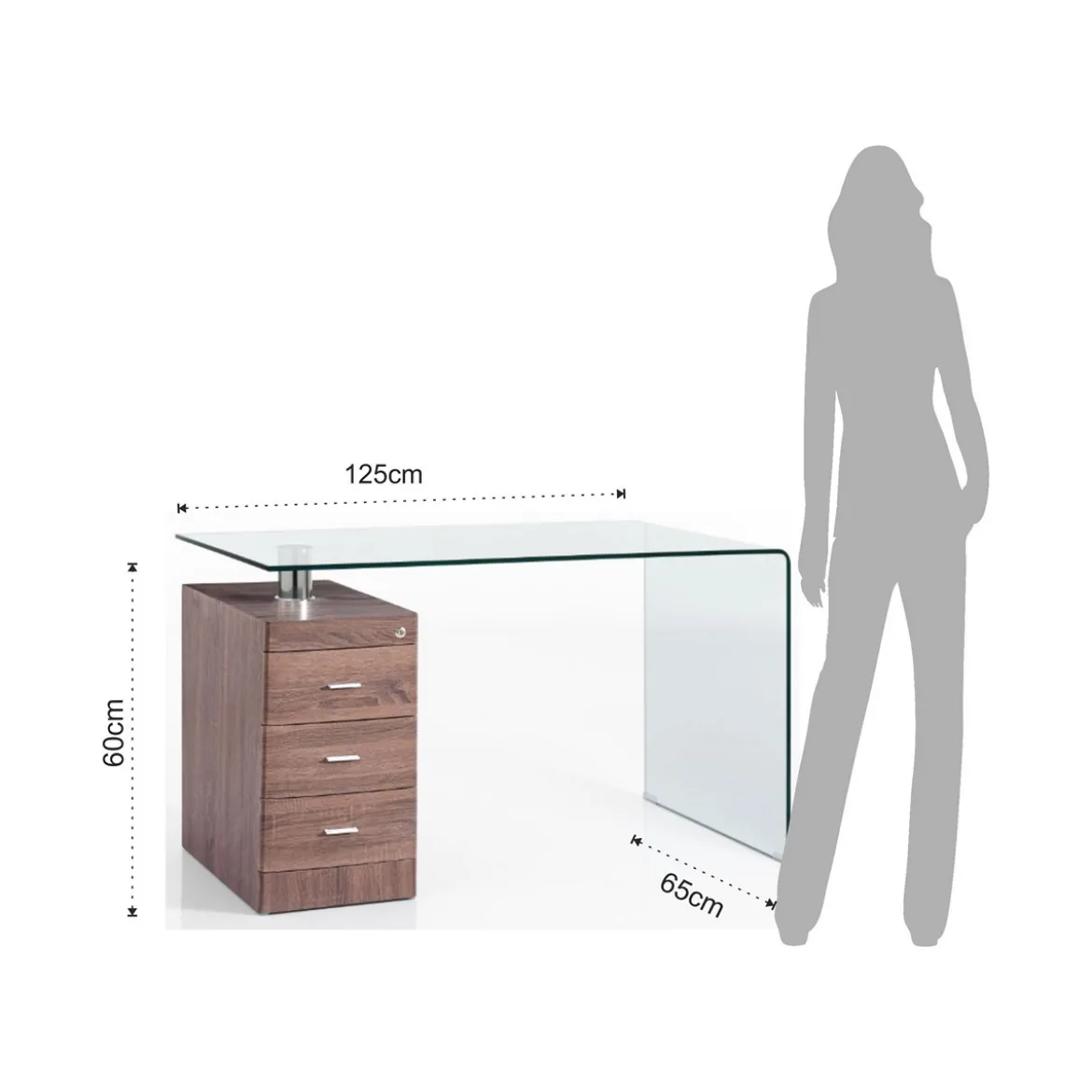 Bow Dark Wood Scrivania in Vetro Curvato Cassettiera con serratura finitura Noce, 125 x 65 x h 75 cm