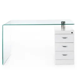 Bow Scrivania in Vetro Curvato Cassettiera con serratura Laccata Bianco Opaco, 125 x 65 x h 75 cm