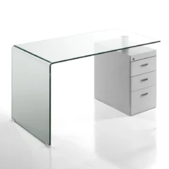 Bow Scrivania in Vetro Curvato Cassettiera con serratura Laccata Bianco Opaco, 125 x 65 x h 75 cm
