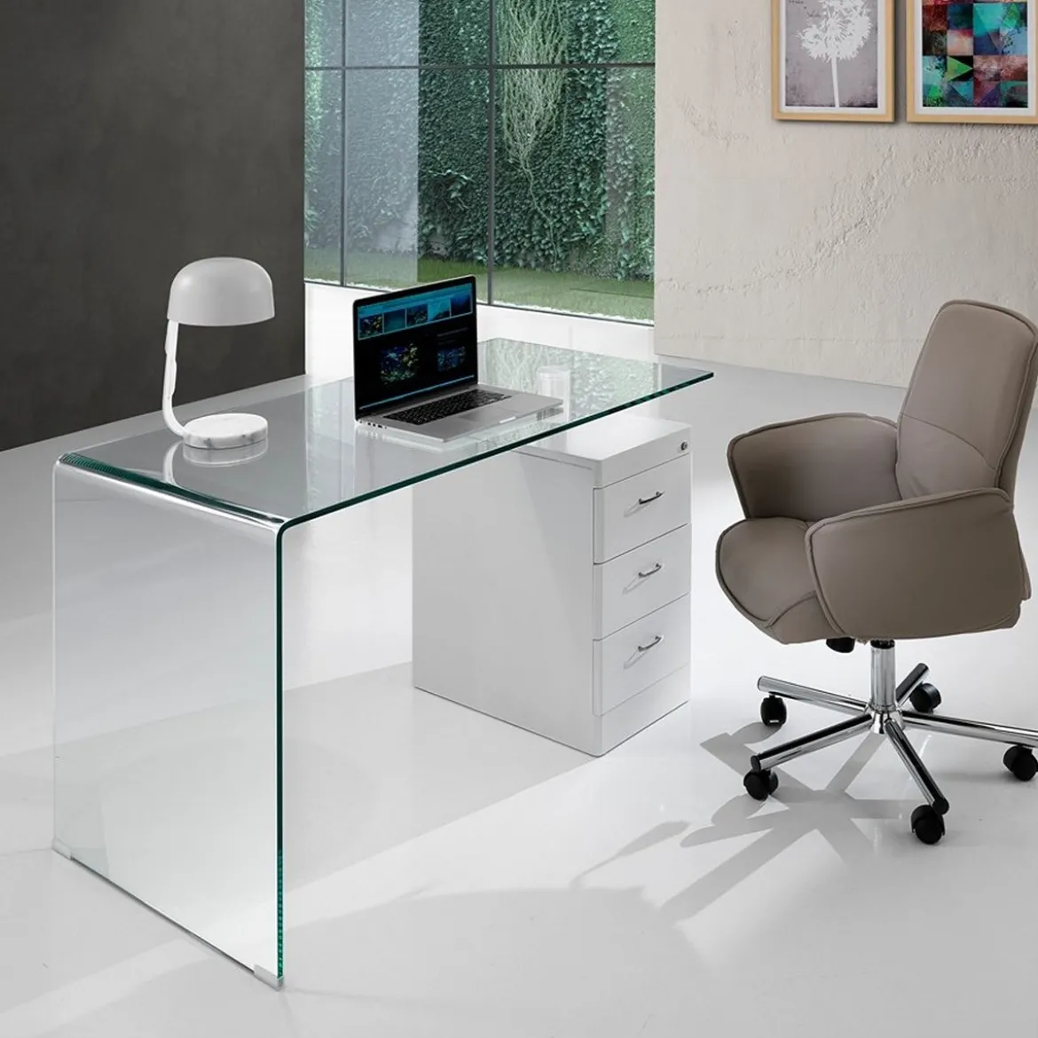 Bow Scrivania in Vetro Curvato Cassettiera con serratura Laccata Bianco Opaco, 125 x 65 x h 75 cm