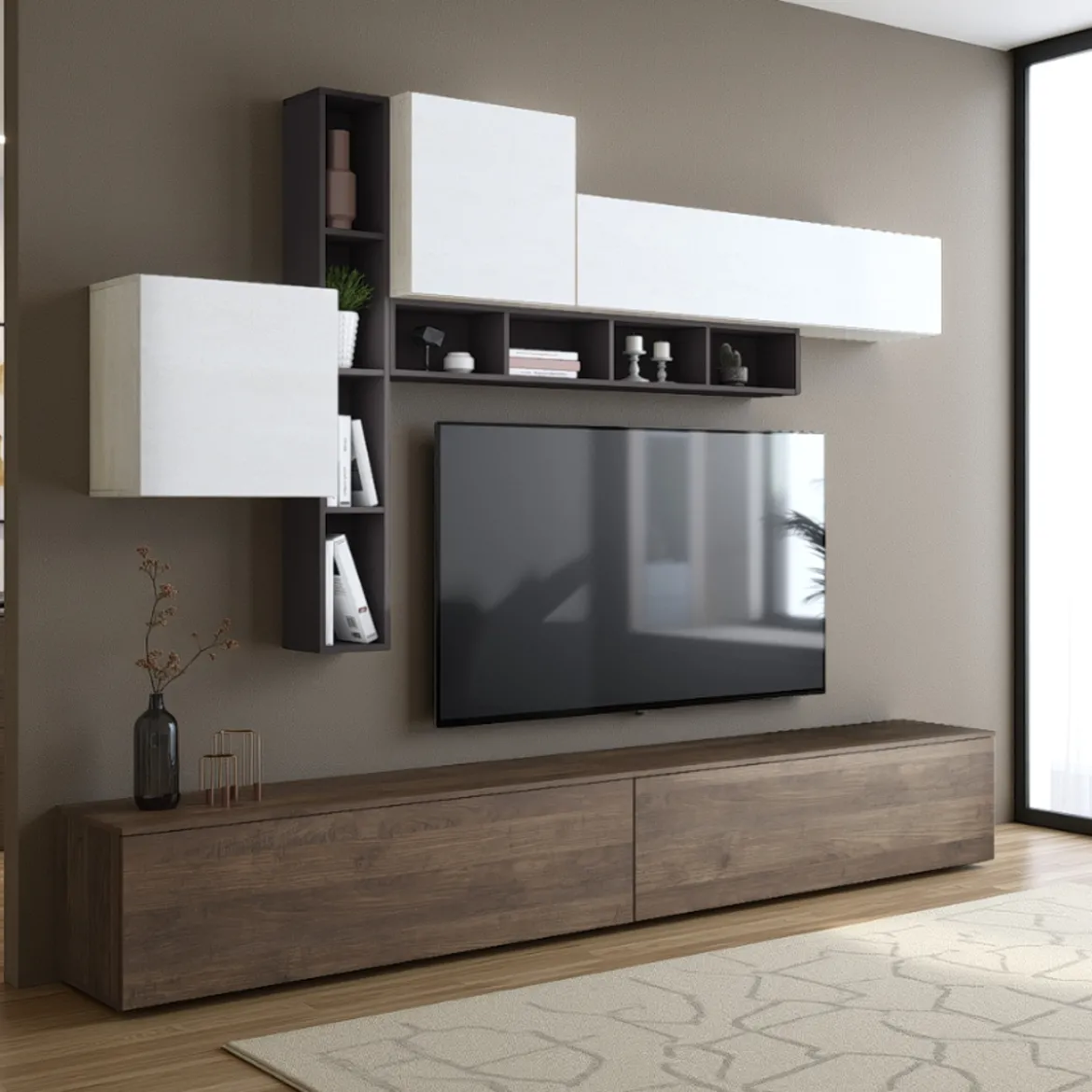 Brenda Noce parete soggiorno attrezzata librerie basi pensili melaminico grigio graphite noce bianco spatolato h200 l276 p40