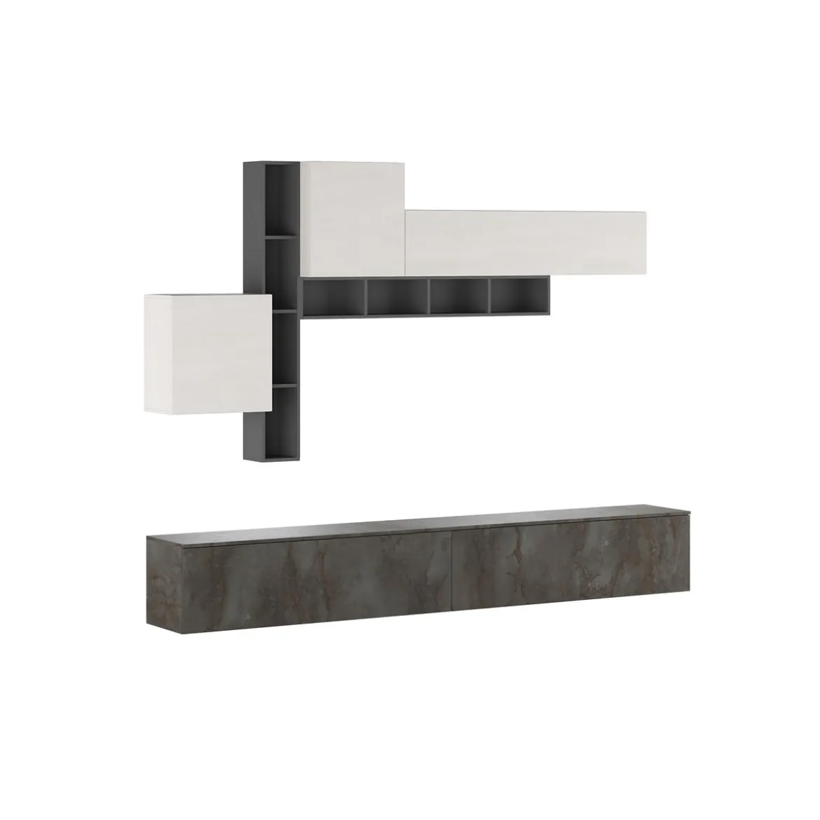 Brenda Ossido parete soggiorno attrezzata librerie basi pensili melaminico grigio graphite ossido bianco spatolato h200 l276 p40