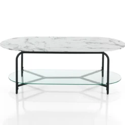 Brill tavolino piano 120 x 60 in vetro effetto marmo bianco struttura acciaio colore nero opaco h42 l120 p60 cm