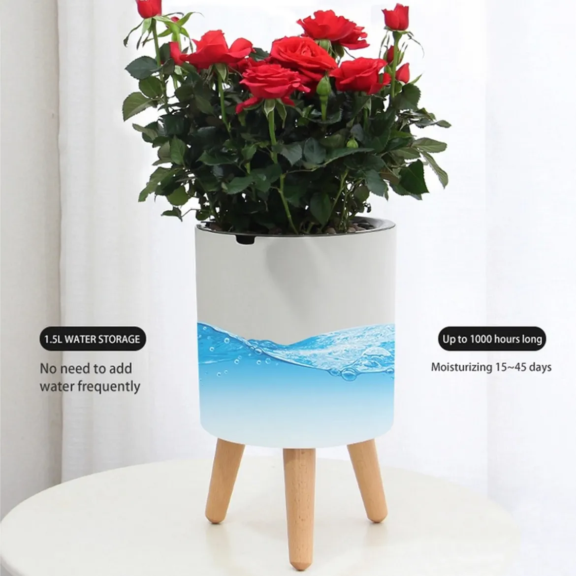 Calla-a vaso autoinnaffiante esterno interno bianco opaco e legno massello finitura rovere 1.5 litri d19xh33 cm