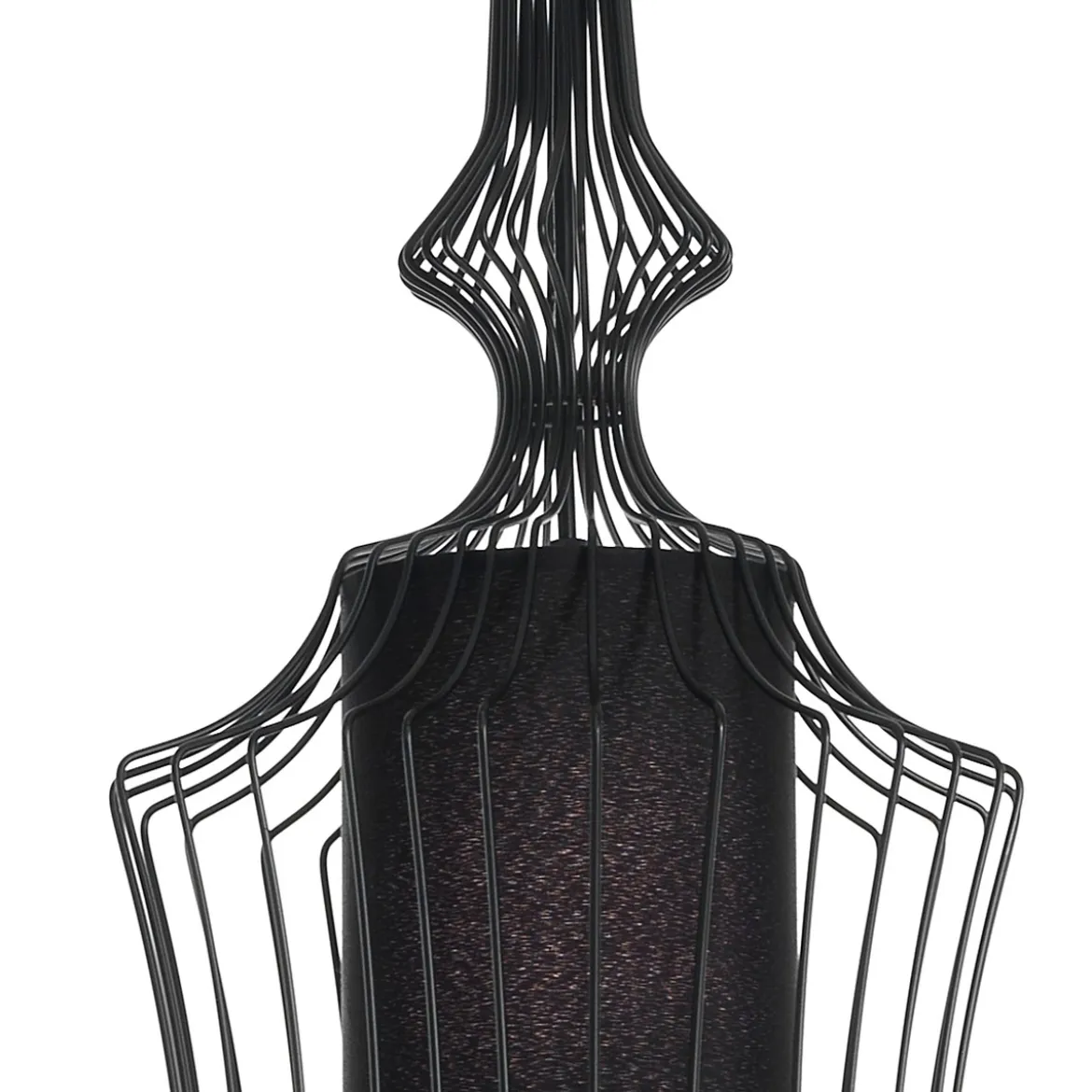Cathedral a lampadario in metallo nero opaco con paralume in filo di acciaio e tessuto nero d29 h64 cm