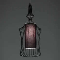Cathedral a lampadario in metallo nero opaco con paralume in filo di acciaio e tessuto nero d29 h64 cm