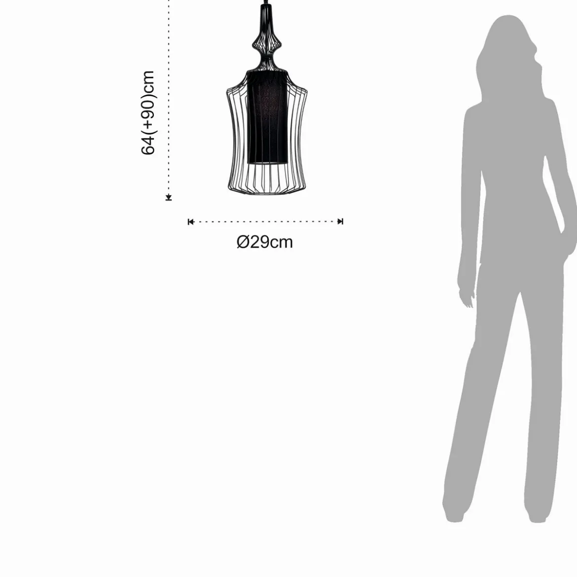 Cathedral a lampadario in metallo nero opaco con paralume in filo di acciaio e tessuto nero d29 h64 cm