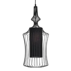 Cathedral a lampadario in metallo nero opaco con paralume in filo di acciaio e tessuto nero d29 h64 cm