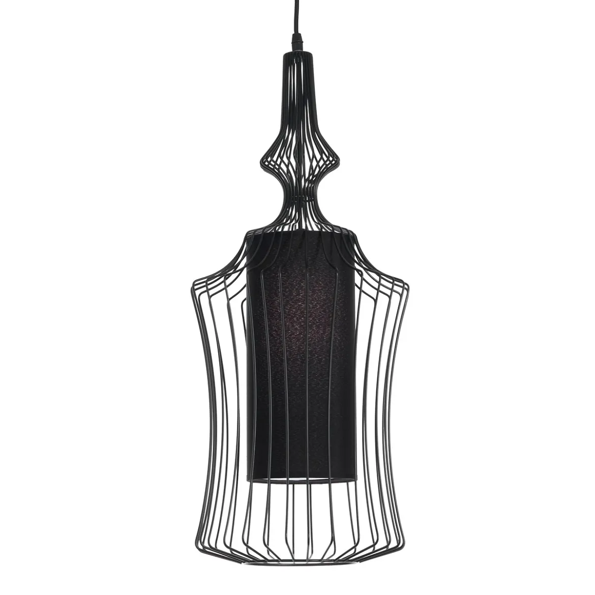 Cathedral a lampadario in metallo nero opaco con paralume in filo di acciaio e tessuto nero d29 h64 cm