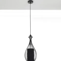 Cathedral c lampadario in metallo nero opaco con paralume in filo di acciaio e tessuto nero d24 h56 cm