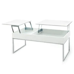 Celinda tavolino da salotto in mdf laccato bianco opaco e metallo cromato top alzabile con vano 110x60 h45 cm
