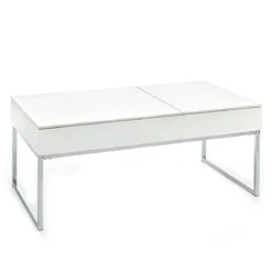 Celinda tavolino da salotto in mdf laccato bianco opaco e metallo cromato top alzabile con vano 110x60 h45 cm