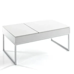 Celinda tavolino da salotto in mdf laccato bianco opaco e metallo cromato top alzabile con vano 110x60 h45 cm