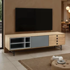 Clew madia porta tv impiallacciata finitura rovere anta laccata grigio scuro opaco l170 p40 h51 cm