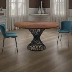 Clew Tavolo Rotondo in legno finitura Noce scuro e base in metallo nero opaco diametro 137 cm