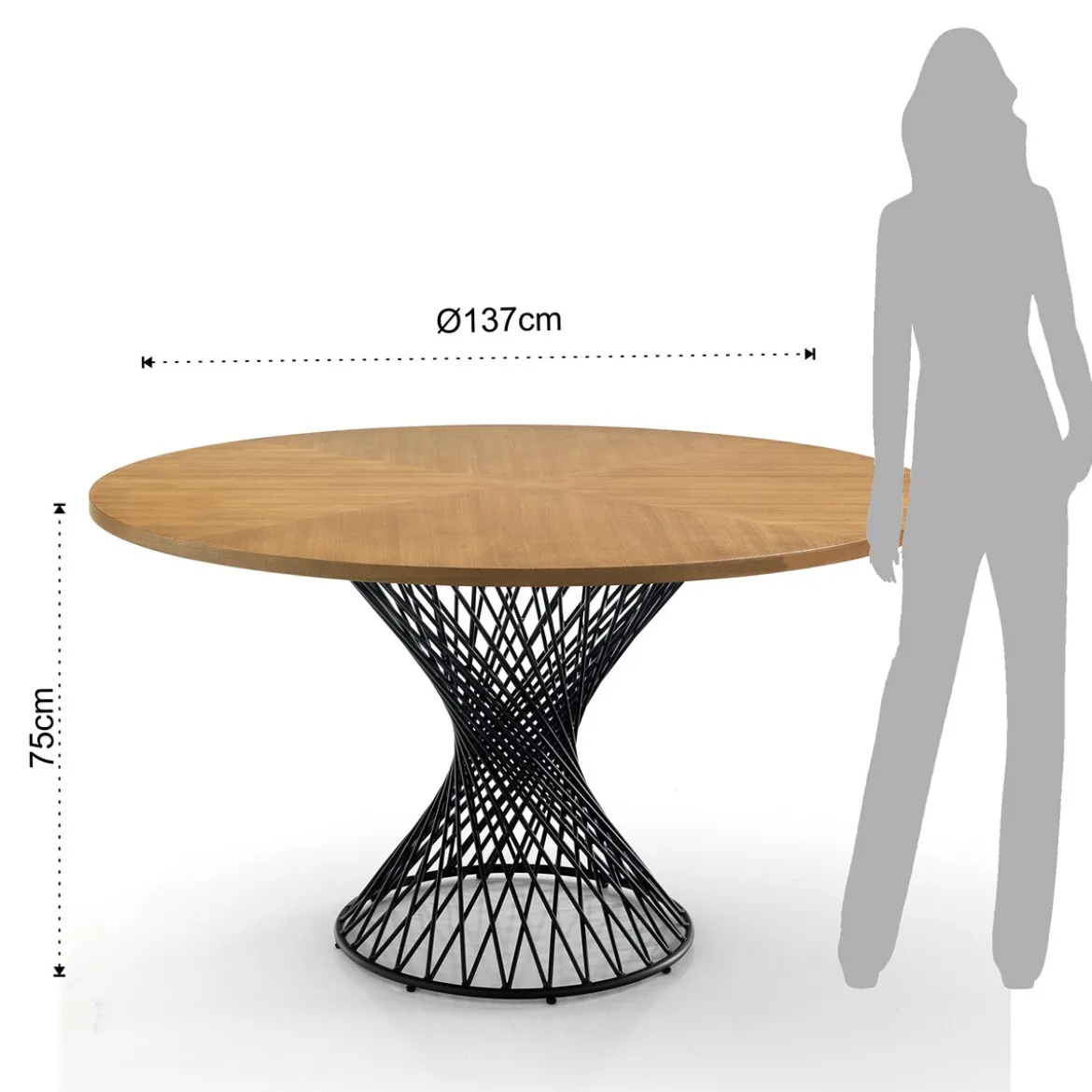 Clew Tavolo Rotondo in Legno impiallacciato finitura Rovere e base in Metallo Nero opaco, diametro 137 cm
