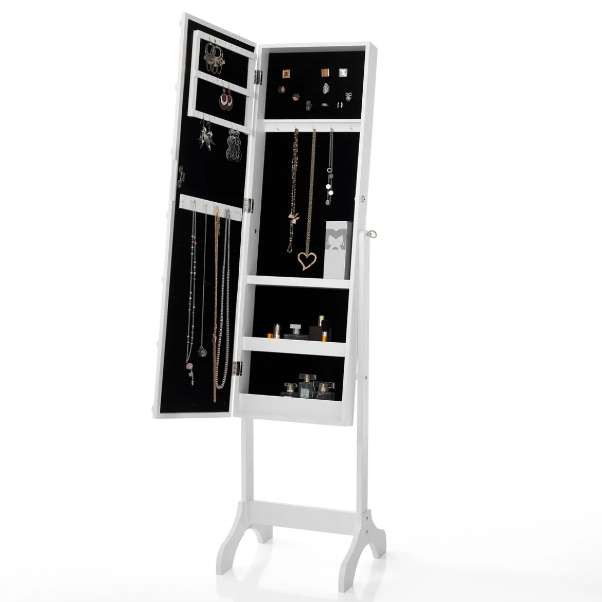 Coffer lux specchiera da terra con contenitore e luci led laccata bianco opaco 38x40 h155 cm