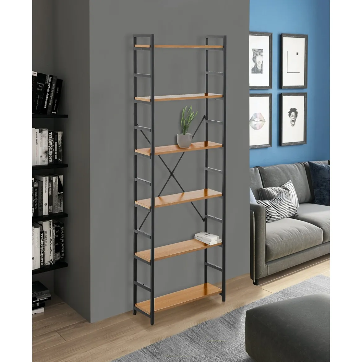 Cukin 6 evo libreria acciaio nero opaco 6 ripiani finitura faggio h185 l60 p28