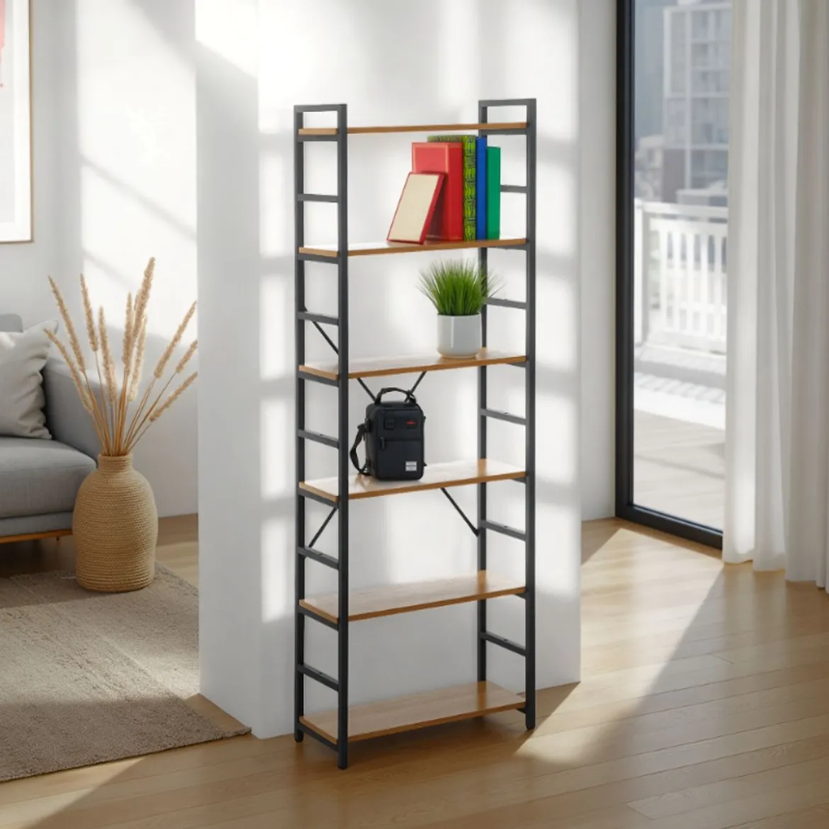 Cukin 6 evo libreria acciaio nero opaco 6 ripiani finitura faggio h185 l60 p28