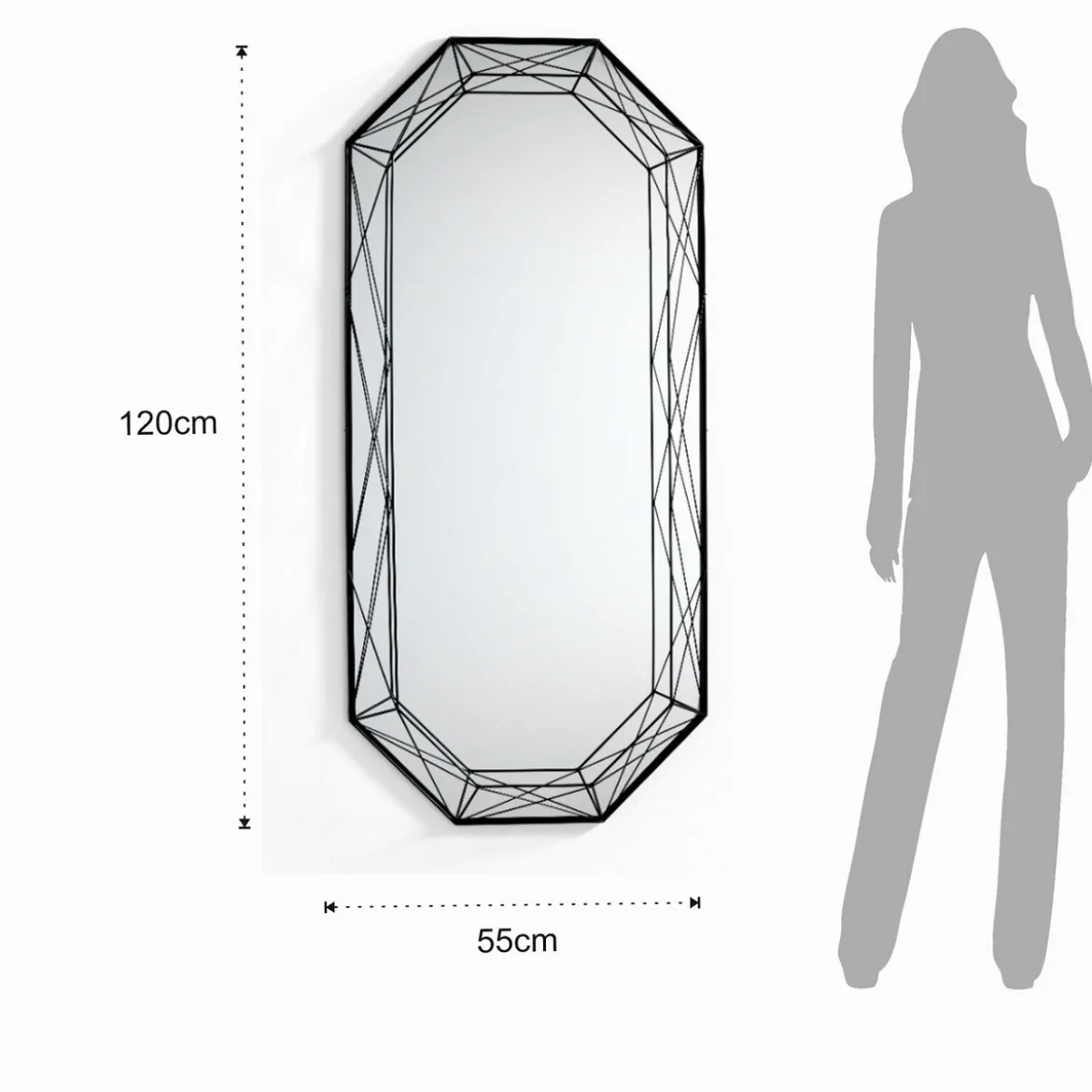 Diamond 120 specchiera da parete in metallo verniciato nero opaco dimensione 55x8 h120 cm