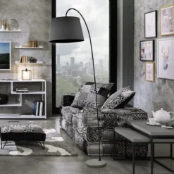 Dido powder taupe lampada da terra fusto metallo nero lucido paralume tessuto nero h210 d29 l80