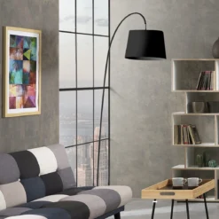 Dido powder taupe lampada da terra fusto metallo nero lucido paralume tessuto nero h210 d29 l80