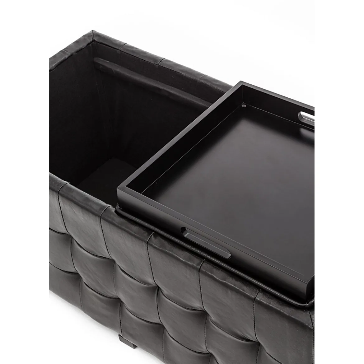 Dizzy black doppio pouf contenitore poggiapiedi in pelle sintetica nero coperchio vassoio in legno 90x46xh45 cm