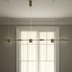 Domino led mind lampadario in alluminio colore ottone anticato opaco regolabile 160x10 h130 cm